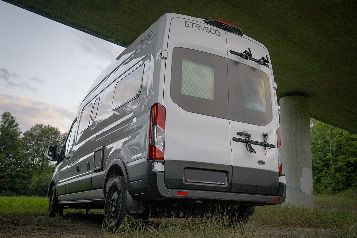 PUSHrack Fahrradträger Airlineschienen Kastenwagen ab 2,25 m HöheCrafter, MAN TGE, Sprinter, Fiat Ducato, Boxer, Jumper Movano Heckträger anpassbar